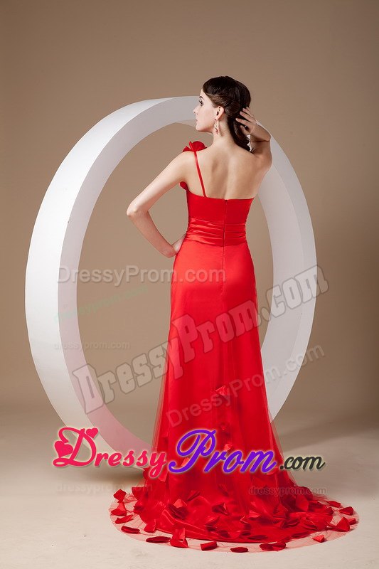 Red One Shoulder Brush Train Hand Made Flowers Prom Gown