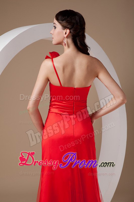 Red One Shoulder Brush Train Hand Made Flowers Prom Gown