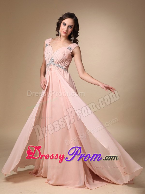 V-neck Straps Court Train Beading Prom Evening Dress in Peach