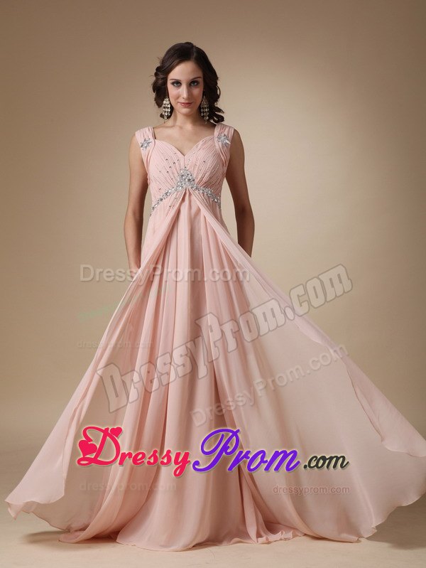 V-neck Straps Court Train Beading Prom Evening Dress in Peach