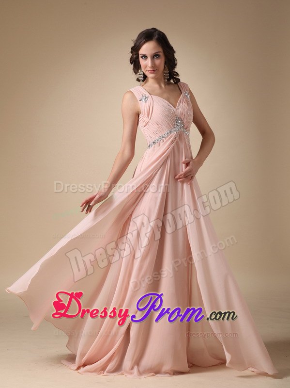 V-neck Straps Court Train Beading Prom Evening Dress in Peach