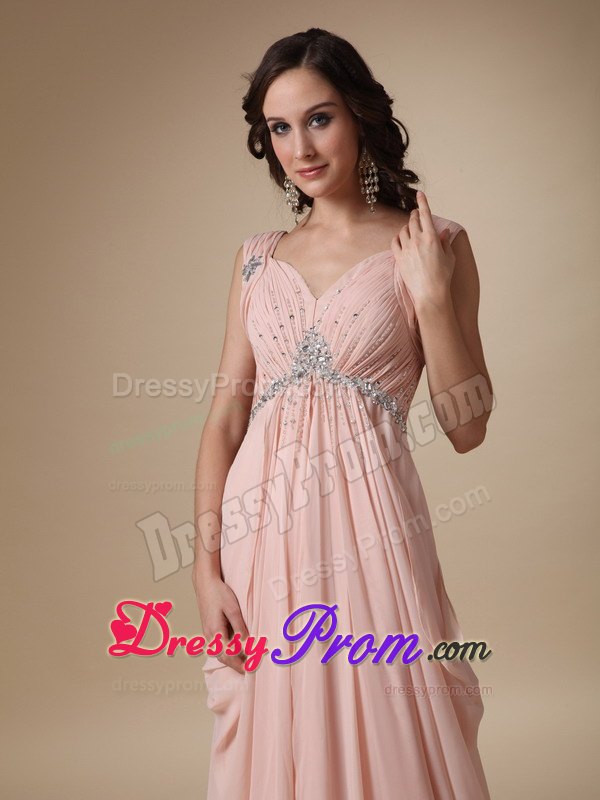 V-neck Straps Court Train Beading Prom Evening Dress in Peach