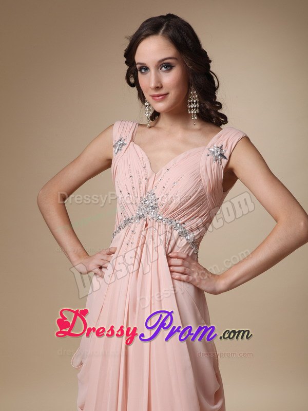V-neck Straps Court Train Beading Prom Evening Dress in Peach
