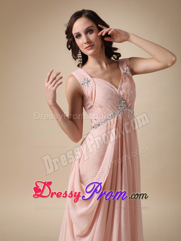 V-neck Straps Court Train Beading Prom Evening Dress in Peach
