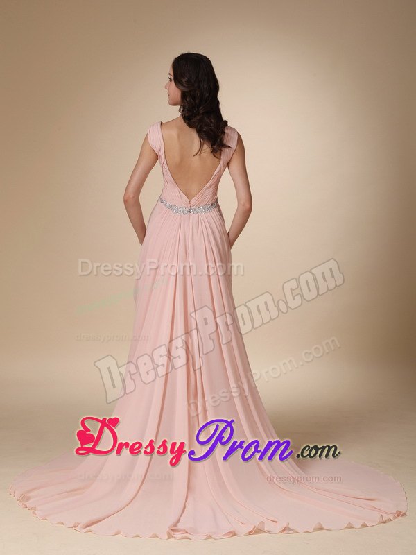 V-neck Straps Court Train Beading Prom Evening Dress in Peach