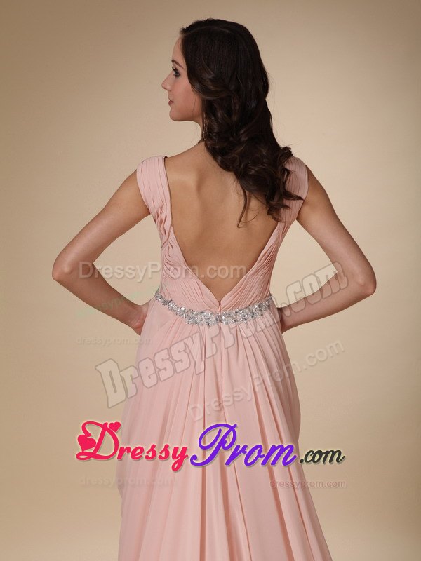V-neck Straps Court Train Beading Prom Evening Dress in Peach