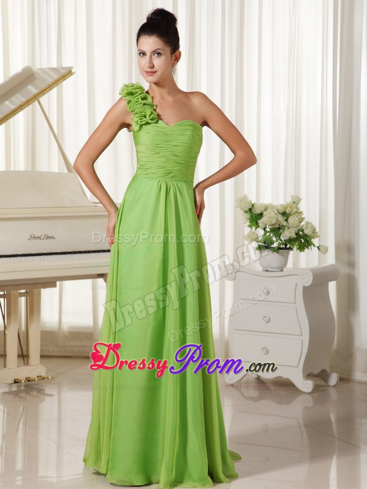 Spring Green One Shoulder Hand Flowers Prom Dress with Watteau Train