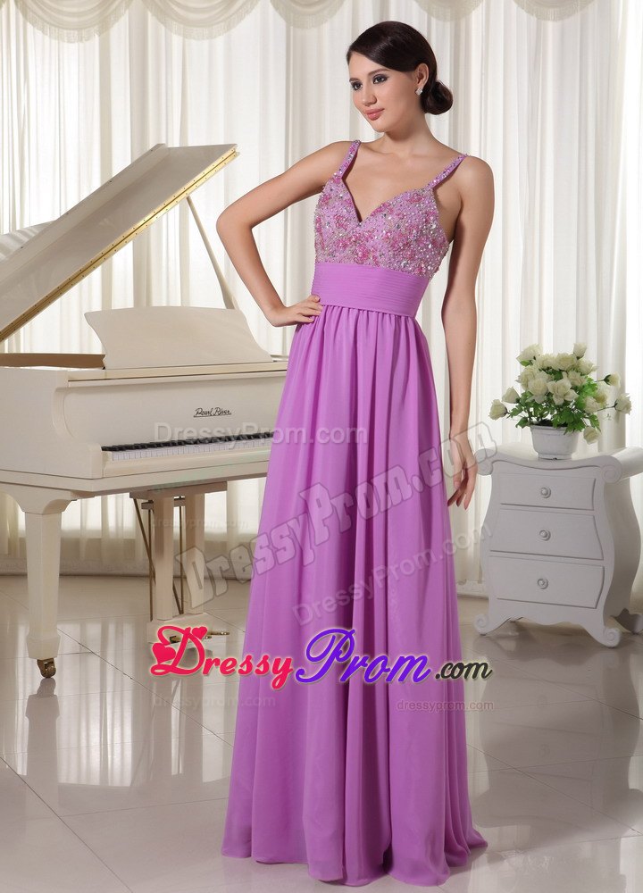 Lavender Spaghetti Straps Prom Evening Party Dress Appliques With Beading