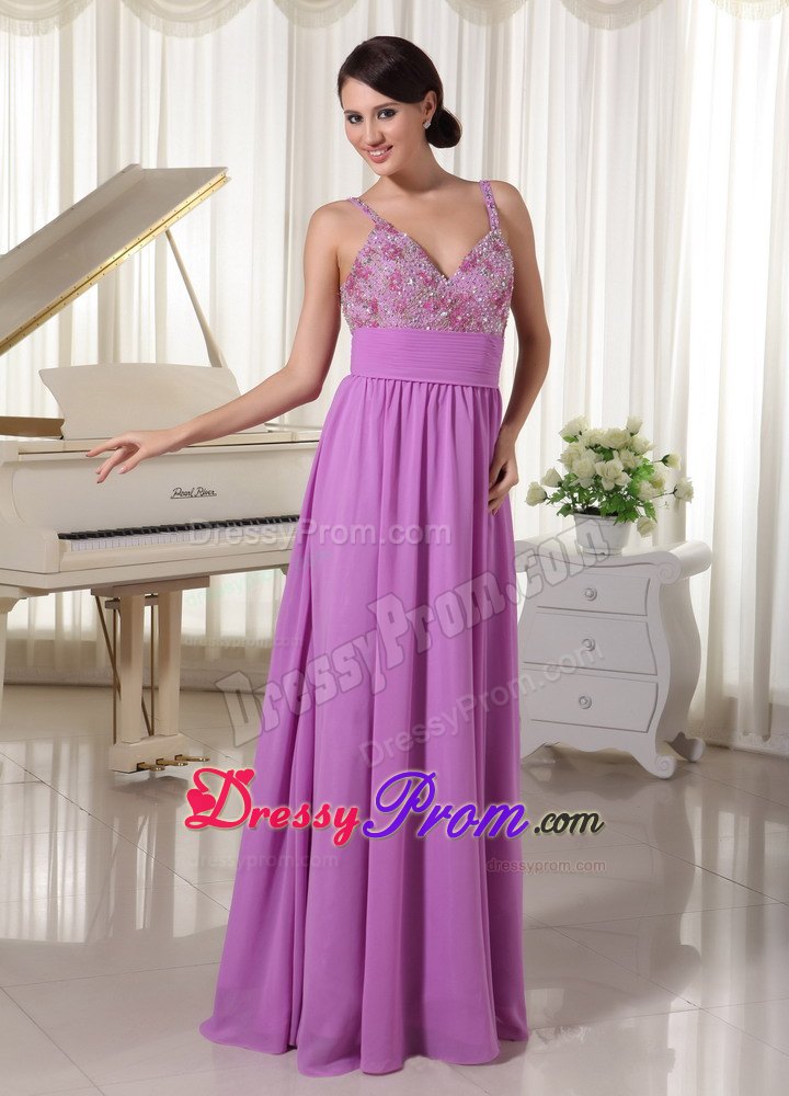 Lavender Spaghetti Straps Prom Evening Party Dress Appliques With Beading