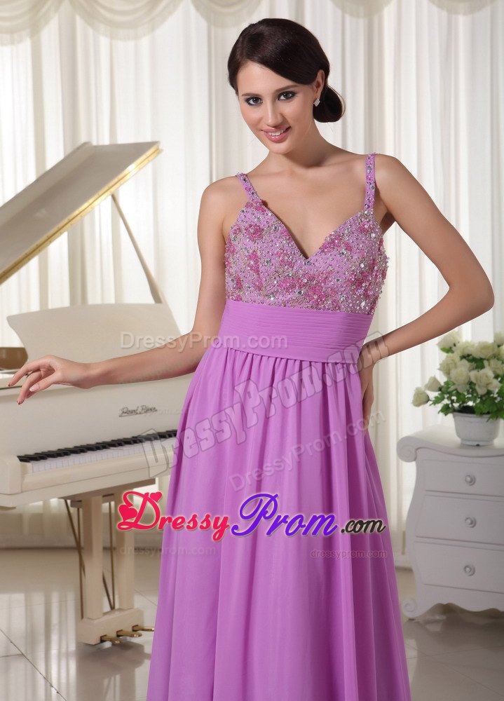 Lavender Spaghetti Straps Prom Evening Party Dress Appliques With Beading