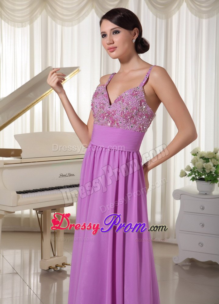 Lavender Spaghetti Straps Prom Evening Party Dress Appliques With Beading