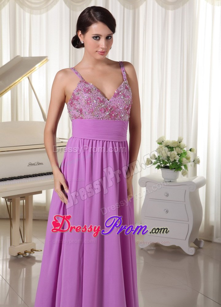 Lavender Spaghetti Straps Prom Evening Party Dress Appliques With Beading
