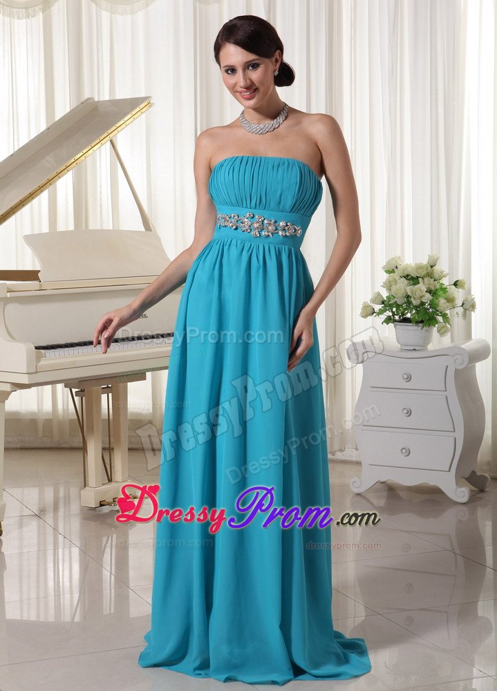 Elegant A-line Beading Ruche Chiffon Floor-length Prom Dress in Teal