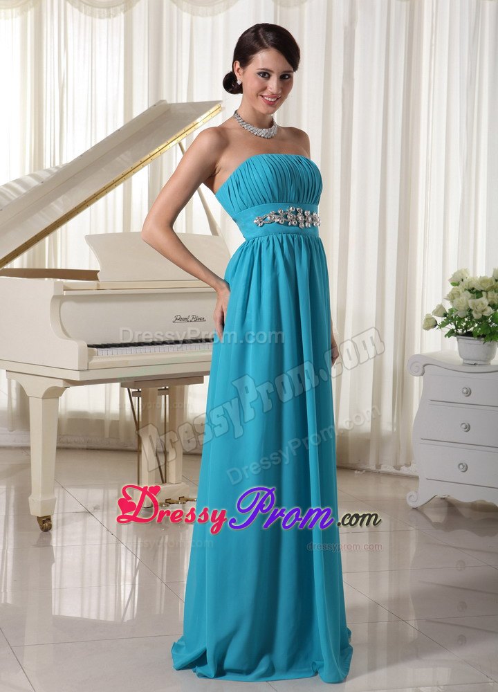 Elegant A-line Beading Ruche Chiffon Floor-length Prom Dress in Teal