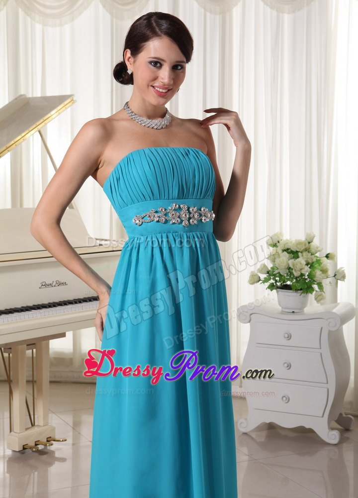 Elegant A-line Beading Ruche Chiffon Floor-length Prom Dress in Teal