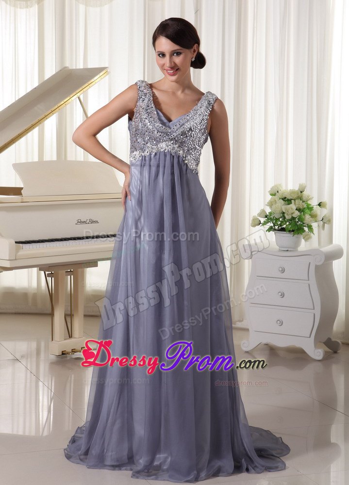 Grey V-neck Sequins Brush Train Evening Prom Dress For Prom Party