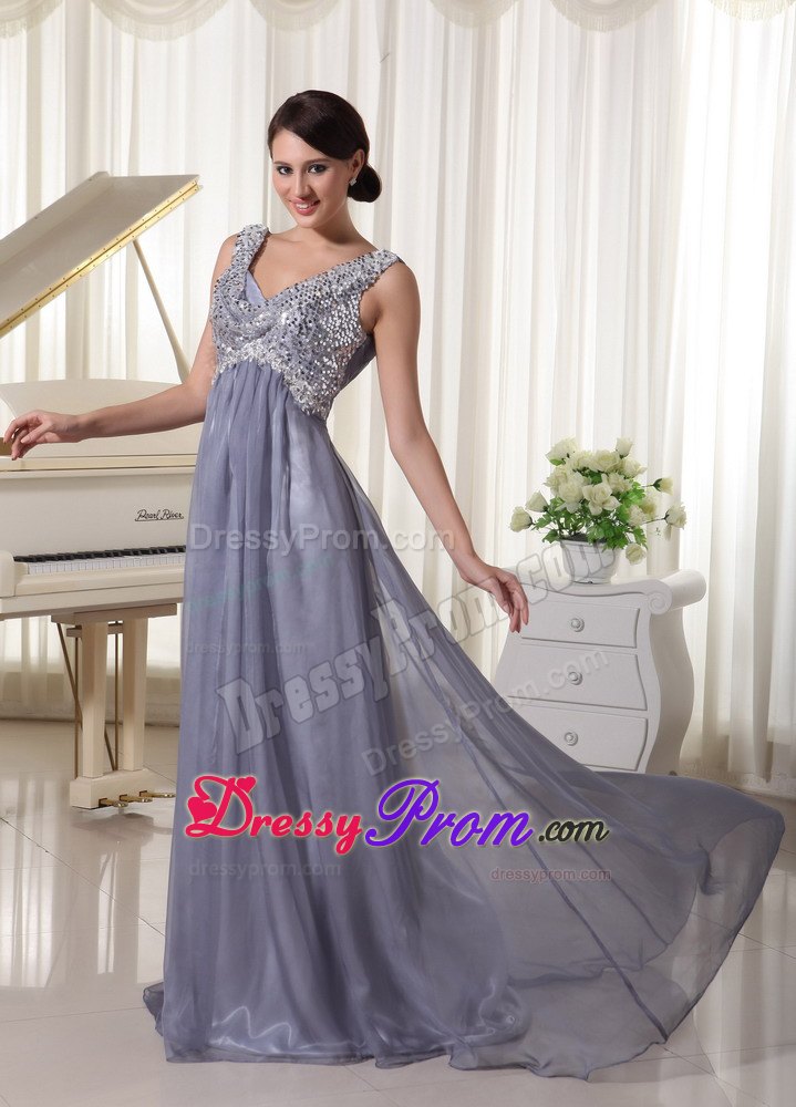 Grey V-neck Sequins Brush Train Evening Prom Dress For Prom Party