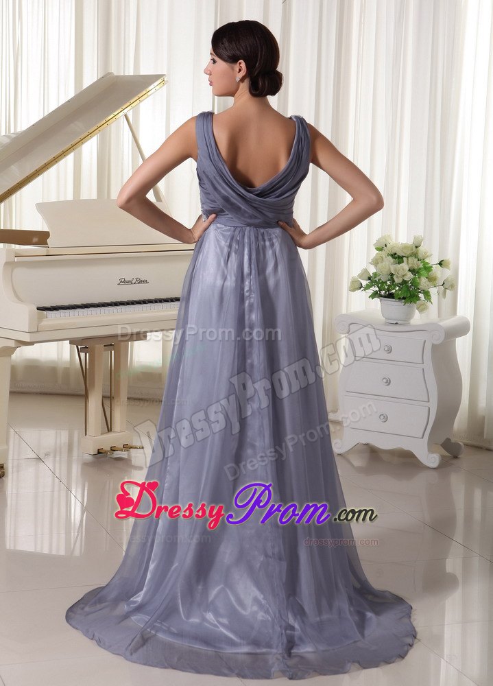Grey V-neck Sequins Brush Train Evening Prom Dress For Prom Party