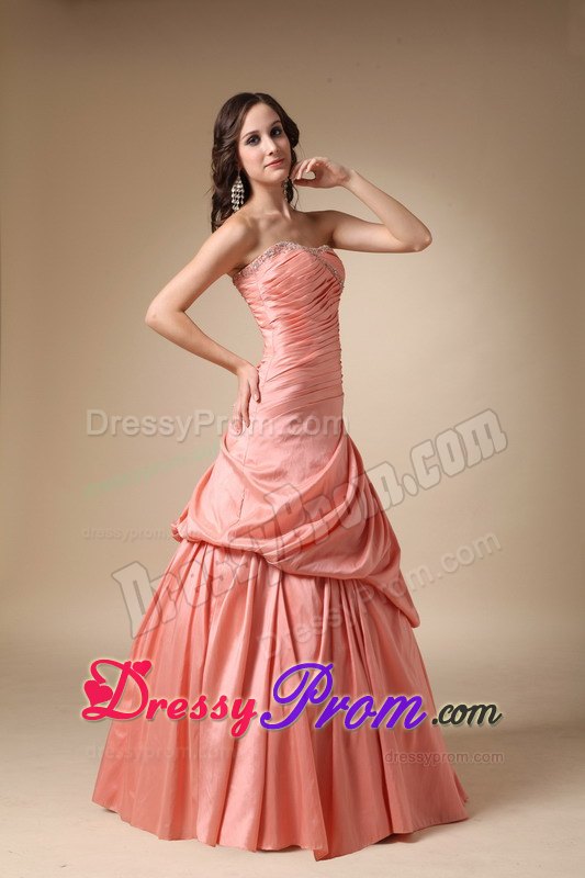 Beading and Pick-ups A-line Strapless Taffeta Prom Dress in Orange