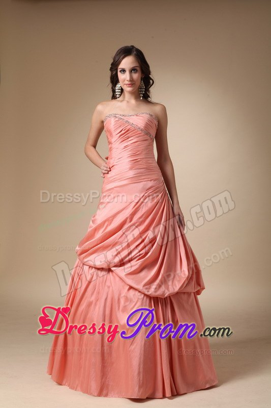 Beading and Pick-ups A-line Strapless Taffeta Prom Dress in Orange