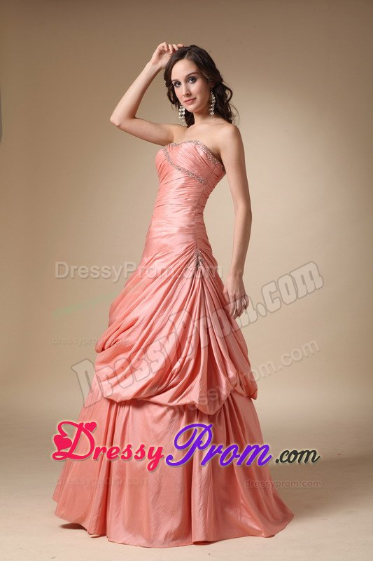 Beading and Pick-ups A-line Strapless Taffeta Prom Dress in Orange