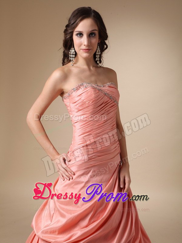 Beading and Pick-ups A-line Strapless Taffeta Prom Dress in Orange