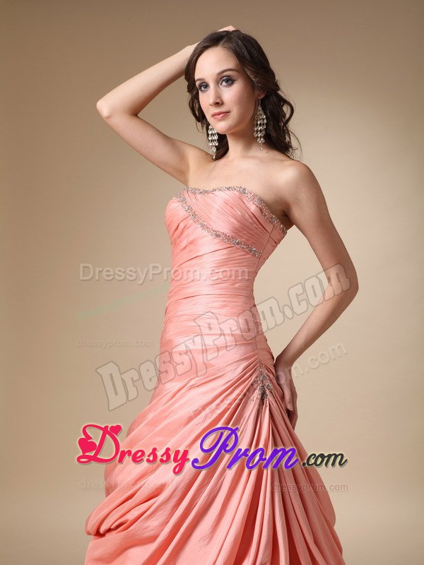 Beading and Pick-ups A-line Strapless Taffeta Prom Dress in Orange