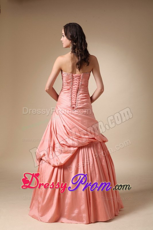 Beading and Pick-ups A-line Strapless Taffeta Prom Dress in Orange