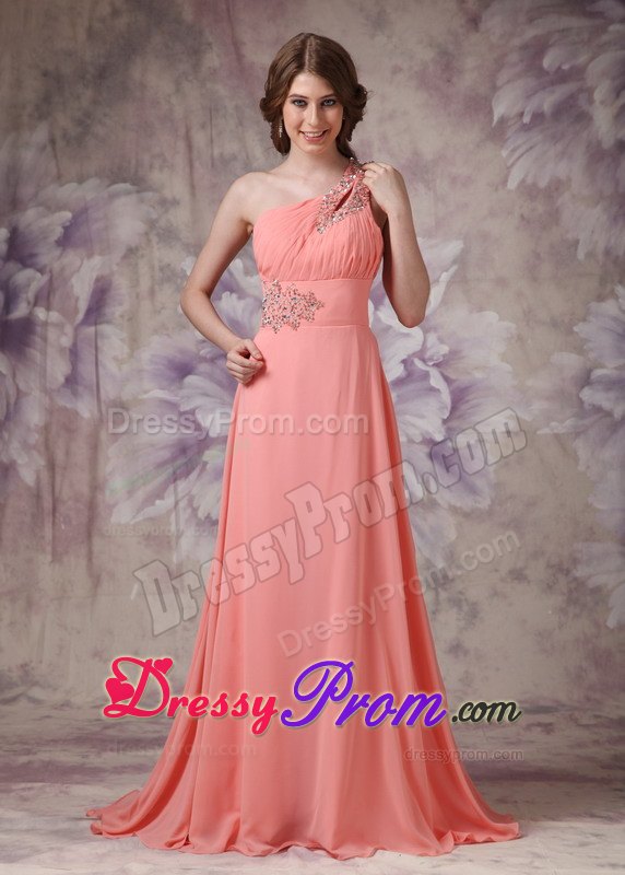 Watermelon Ruching One Shoulder Prom Dress Brush Train and Beading