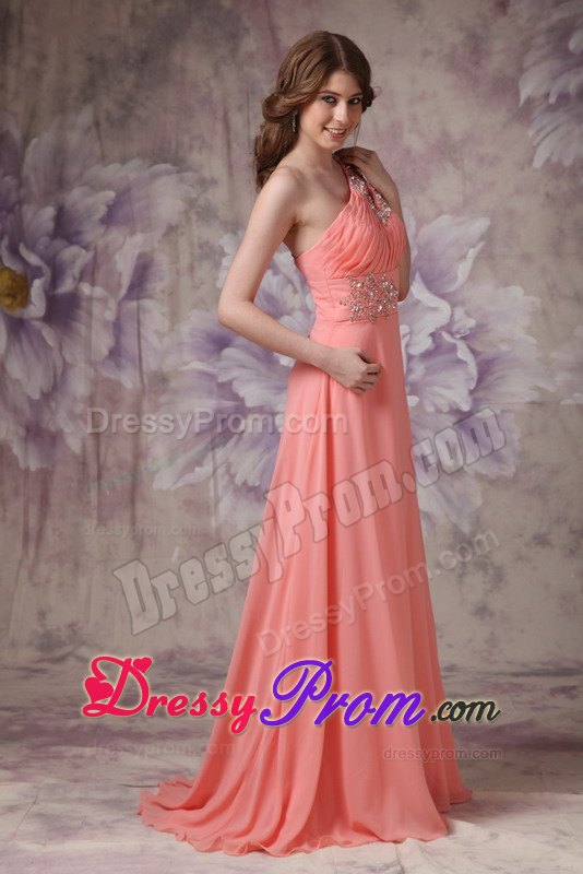 Watermelon Ruching One Shoulder Prom Dress Brush Train and Beading