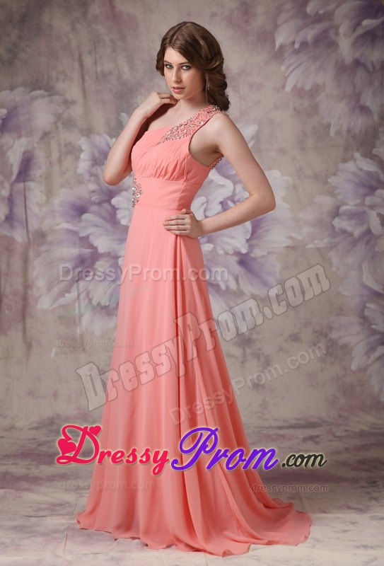 Watermelon Ruching One Shoulder Prom Dress Brush Train and Beading