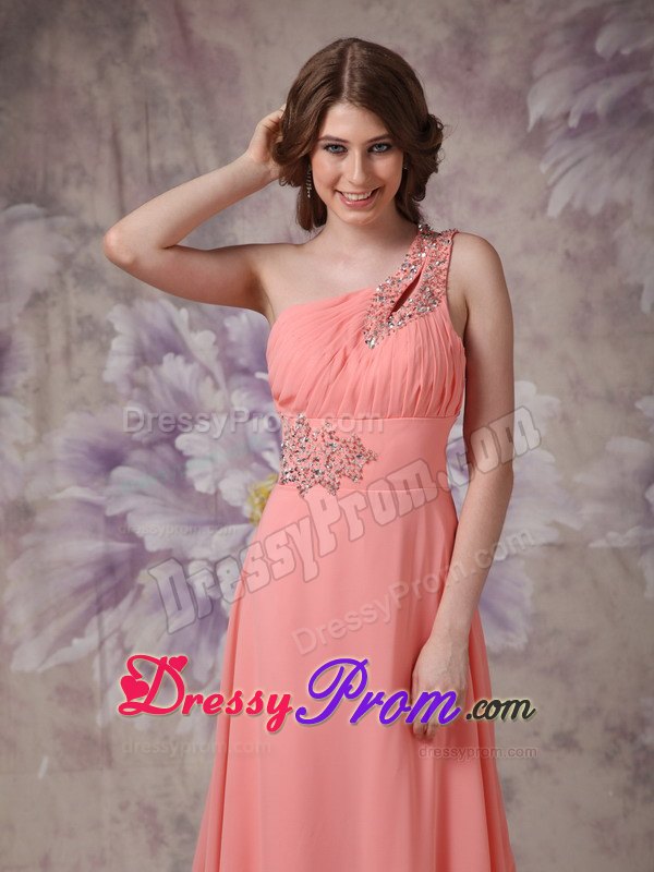 Watermelon Ruching One Shoulder Prom Dress Brush Train and Beading
