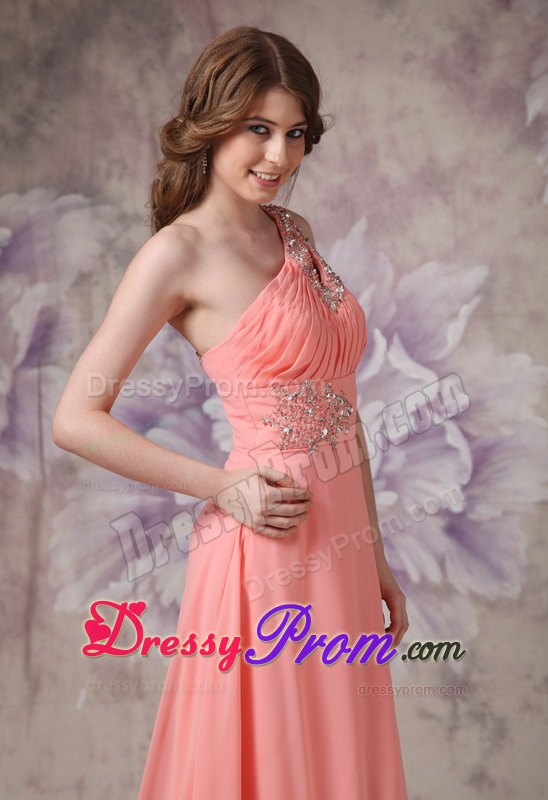 Watermelon Ruching One Shoulder Prom Dress Brush Train and Beading