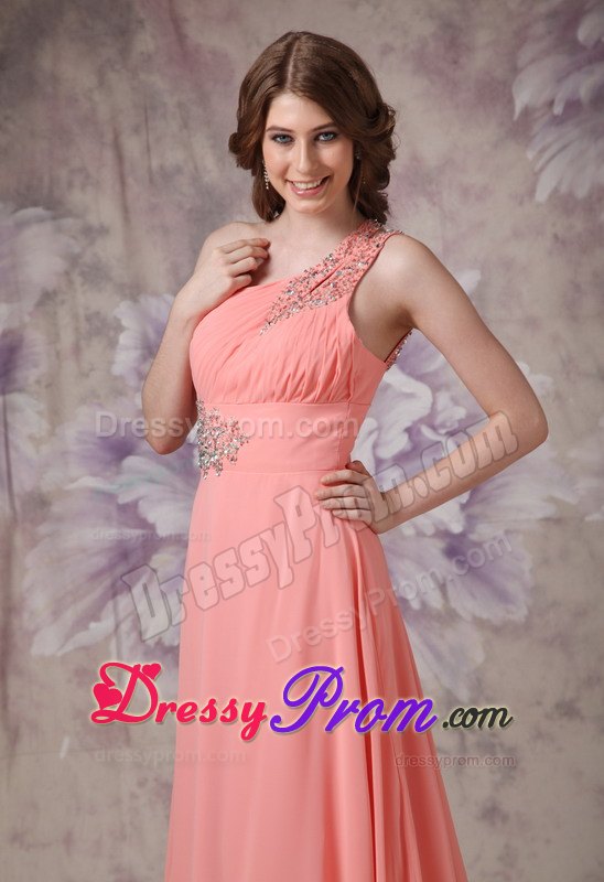 Watermelon Ruching One Shoulder Prom Dress Brush Train and Beading