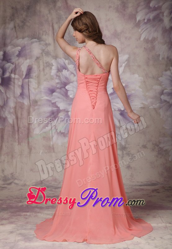 Watermelon Ruching One Shoulder Prom Dress Brush Train and Beading