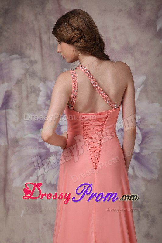 Watermelon Ruching One Shoulder Prom Dress Brush Train and Beading