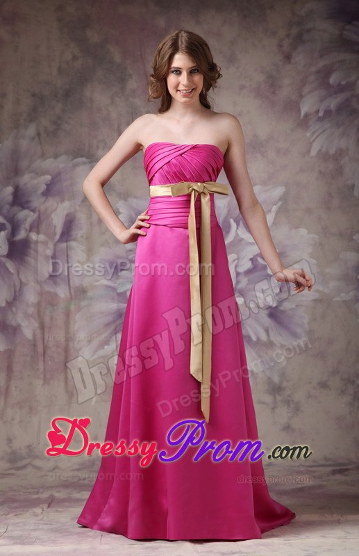 Column Strapless Brush Train Hot Pink Prom Dress with Ruche and Bows
