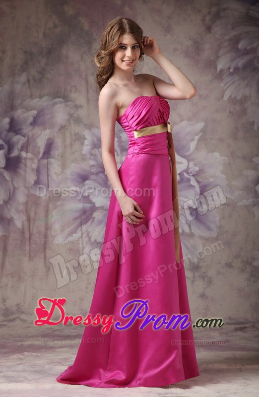 Column Strapless Brush Train Hot Pink Prom Dress with Ruche and Bows