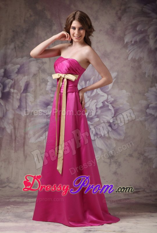 Column Strapless Brush Train Hot Pink Prom Dress with Ruche and Bows
