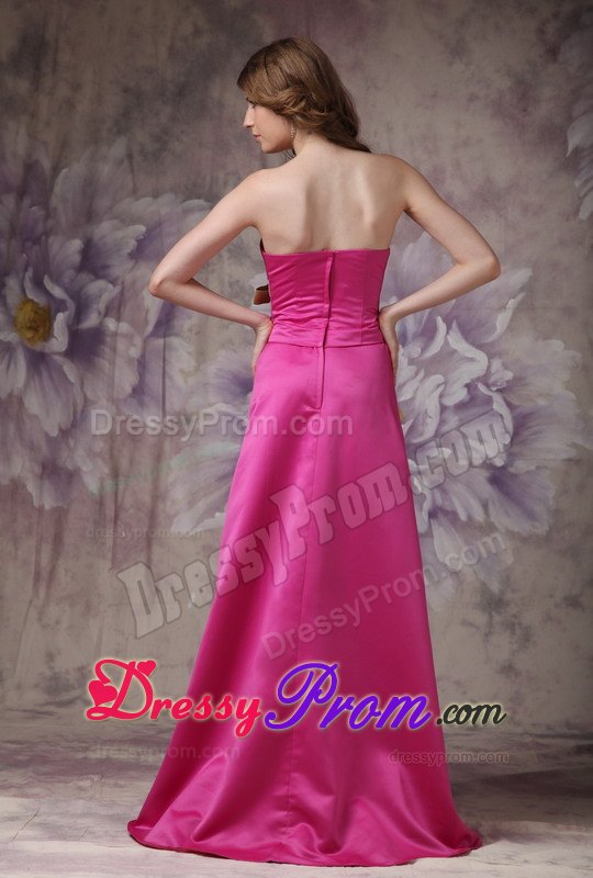 Column Strapless Brush Train Hot Pink Prom Dress with Ruche and Bows