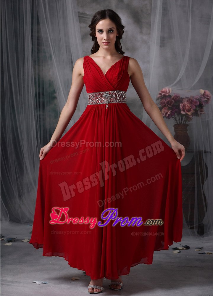Empire V-neck Red Chiffon Prom Evening Dress with Beading and Ruche
