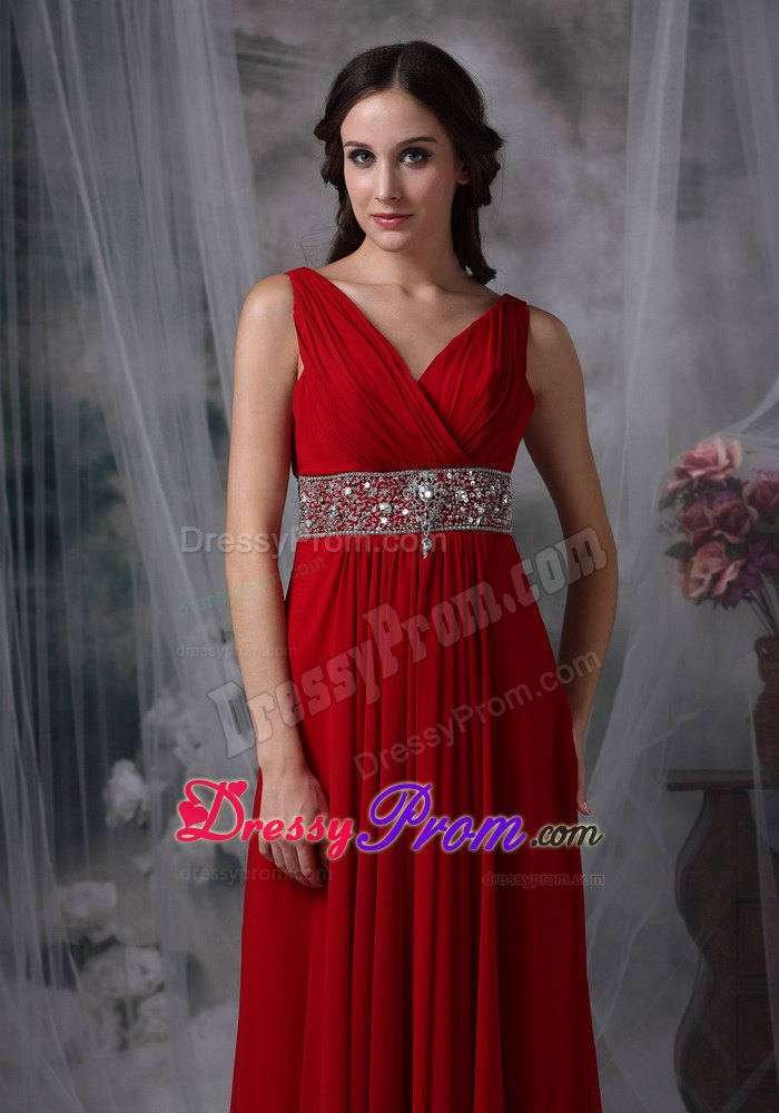 Empire V-neck Red Chiffon Prom Evening Dress with Beading and Ruche