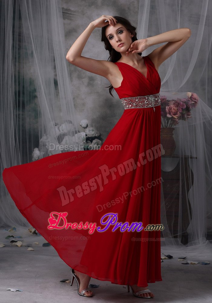 Empire V-neck Red Chiffon Prom Evening Dress with Beading and Ruche