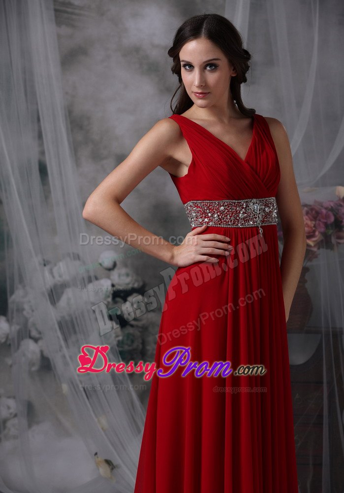 Empire V-neck Red Chiffon Prom Evening Dress with Beading and Ruche