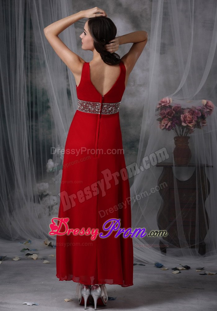 Empire V-neck Red Chiffon Prom Evening Dress with Beading and Ruche