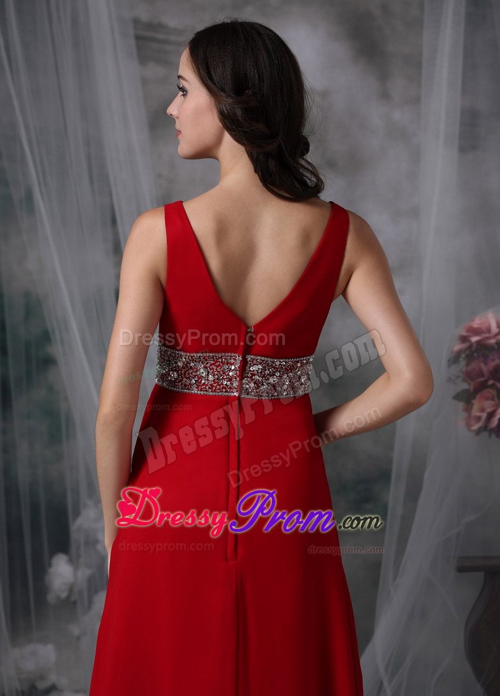 Empire V-neck Red Chiffon Prom Evening Dress with Beading and Ruche