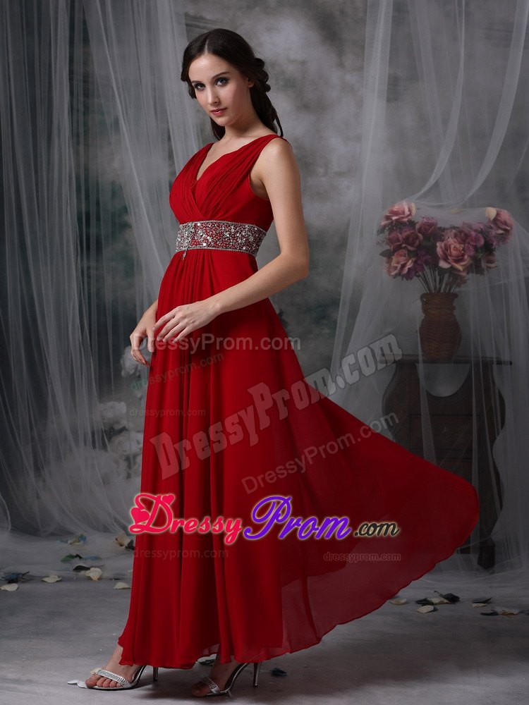 Empire V-neck Red Chiffon Prom Evening Dress with Beading and Ruche