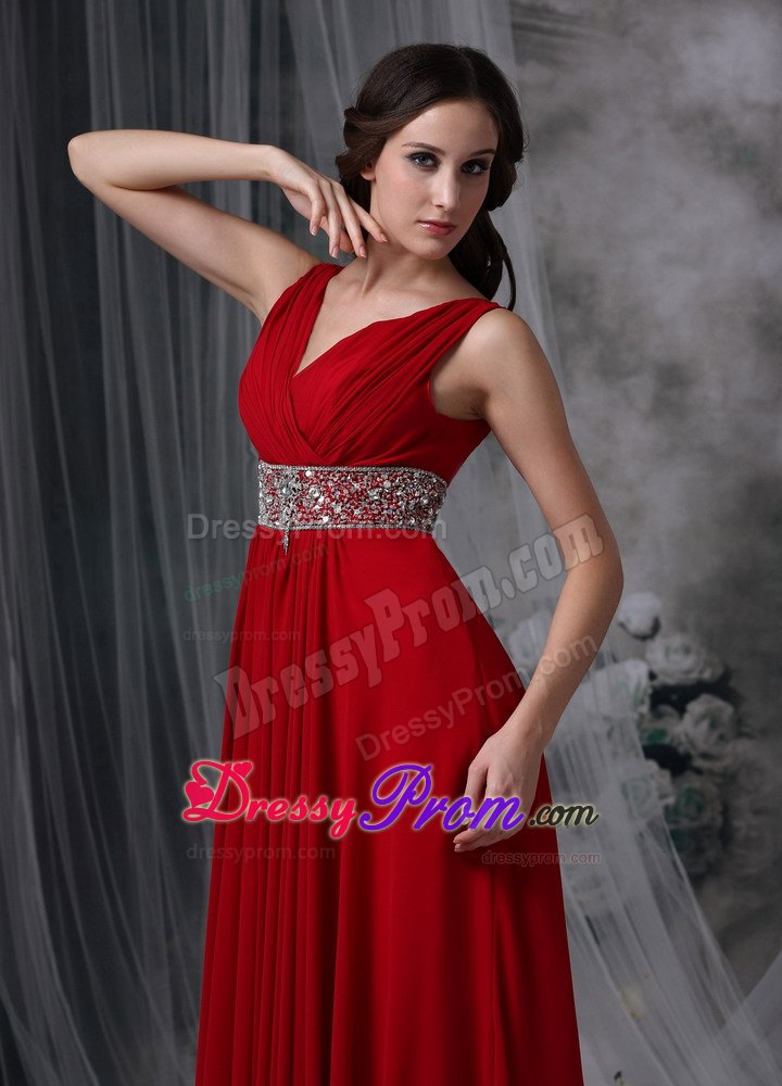 Empire V-neck Red Chiffon Prom Evening Dress with Beading and Ruche