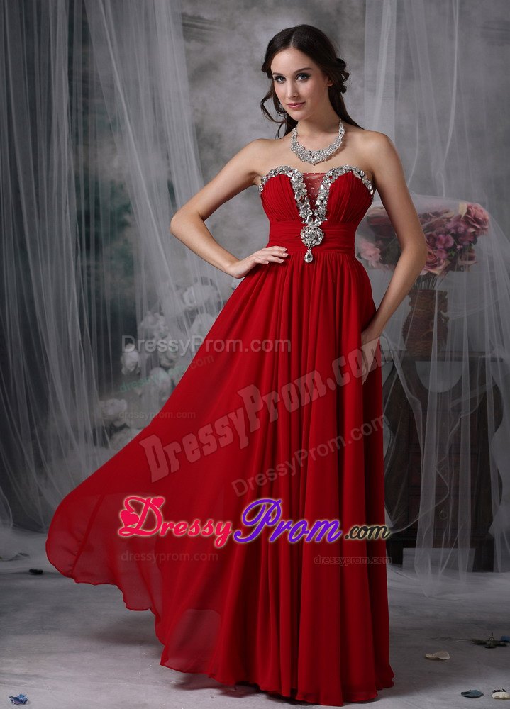 Beading Red Strapless Chiffon Prom Evening Dress with Ruching