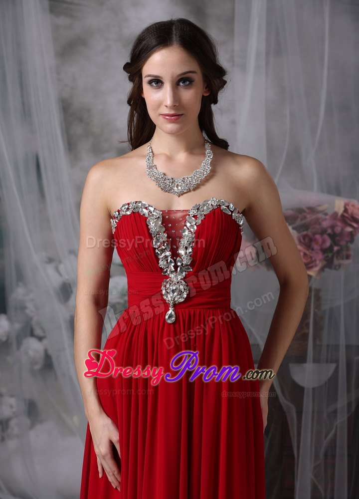 Beading Red Strapless Chiffon Prom Evening Dress with Ruching